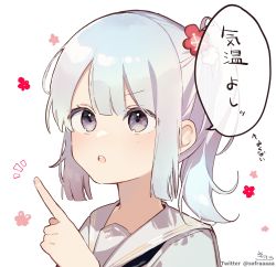 Rule 34 | 1girl, :o, absurdres, arrow (symbol), blue hair, blush, commentary request, floral background, flower, grey eyes, grey sailor collar, hair flower, hair ornament, hand up, highres, notice lines, original, parted lips, pointing, ponytail, red flower, sailor collar, shirt, signature, simple background, sofra, solo, teeth, translation request, twitter username, upper body, upper teeth only, white background, white flower, white shirt