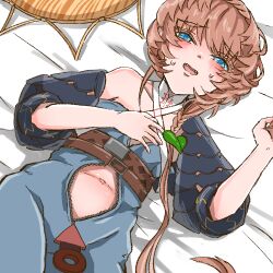 Rule 34 | 1girl, belt, black sleeves, blue eyes, blue overalls, blush, braid, brown hair, buckle, clothing cutout, crown braid, fate/grand order, fate (series), flat chest, looking at viewer, lying, navel, navel cutout, on back, open mouth, orange headwear, overalls, puffy sleeves, shimogamo (shimomo 12), side braid, solo, striped clothes, striped headwear, tongue, unworn headgear, van gogh (fate), zipper pull tab