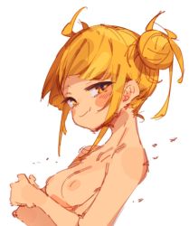 Rule 34 | 1girl, arms under breasts, blonde hair, blunt bangs, blush, blush stickers, boku no hero academia, breasts, closed mouth, commentary, completely nude, crossed arms, double bun, fang, hair bun, hair up, leaning back, looking at viewer, looking to the side, messy hair, nipples, nude, portrait, rasusurasu, sidelocks, simple background, skin fang, small breasts, smile, smug, solo, toga himiko, upper body, white background, yellow eyes
