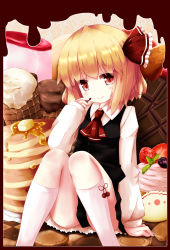 Rule 34 | 1girl, ascot, black dress, blonde hair, cake, chocolate, cocozasa, commentary request, dress, food, framed, hair ribbon, kneehighs, long sleeves, pancake, red eyes, ribbon, rumia, sitting, smile, socks, solo, touhou