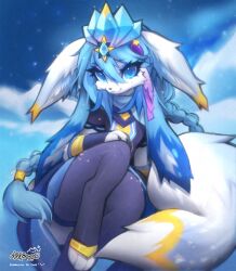 1girl :3 alt_text animal_ears animal_feet animal_hands blue_eyes blue_hair braid commentary commission creatures_(company) english_commentary fluffy fox_tail furry furry_female game_freak gen_4_pokemon glaceon highres long_hair looking_at_viewer nintendo original personification pokemon rekiowa sitting smile solo tail twin_braids very_long_hair watermark