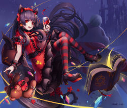 Rule 34 | 1girl, :d, alcohol, animal ears, ankle strap, black hair, book, castle, cup, dress, drinking glass, full body, gothic lolita, hairband, high heels, highres, lolita fashion, lolita hairband, long hair, looking at viewer, magical girl, mool yueguang, open book, open mouth, original, pantyhose, red eyes, shoe soles, smile, solo, strappy heels, striped clothes, striped pantyhose, stuffed animal, stuffed toy, teddy bear, teeth, wine, wine glass