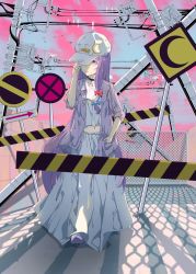Rule 34 | 1girl, bad id, bad pixiv id, baseball cap, blouse, bow, breasts, casual, chain-link fence, closed mouth, crescent, crescent hat ornament, crosswalk, fence, hair bow, hat, hat ornament, hat over one eye, high heels, highres, jacket, long hair, long skirt, low tied hair, midriff, navel, patchouli knowledge, power lines, purple eyes, purple hair, purple jacket, road sign, rotarran, shirt, sign, skirt, small breasts, solo, straight hair, touhou, very long hair, white shirt, white skirt