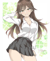 Rule 34 | 1girl, alternate breast size, alternate costume, arashio (kancolle), black skirt, breasts, brown eyes, brown hair, cleavage, collared shirt, commentary request, contrail, dress shirt, gakky, kantai collection, long hair, looking at viewer, medium breasts, one-hour drawing challenge, pleated skirt, shirt, skirt, solo, white shirt
