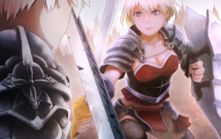 Rule 34 | 1girl, armor, baiyang miemie, blonde hair, blue eyes, breasts, chain, cityscape, cleavage, fighting, gluteal fold, lips, looking at another, original, shield, shoulder armor, pauldrons, sword, weapon