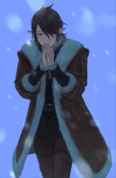 Rule 34 | 1boy, absurdres, androgynous, belt, black hair, black jacket, blue eyes, brown coat, brown pants, coat, commentary, cowboy shot, elezen, elf, emmanellain de fortemps, final fantasy, final fantasy xiv, frilled sleeves, frills, fur-trimmed coat, fur trim, hair over one eye, hands up, highres, jacket, looking at viewer, male focus, nozouko, one eye covered, outdoors, own hands together, pants, parted lips, pointy ears, short hair, snowing, solo, standing, swept bangs, symbol-only commentary, winter, winter clothes, winter coat