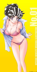 Rule 34 | 1girl, black hair, bra, breasts, cleavage, dress shirt, female focus, futari ecchi, gradient background, katsu aki, lace, lace bra, lace panties, large breasts, leaning forward, legs, lingerie, lipstick, long hair, makeup, no pants, onoda yura, open clothes, open shirt, panties, pink bra, pink eyes, pink panties, ponytail, shirt, simple background, smile, solo, standing, thigh gap, underwear, undressing, wavy hair