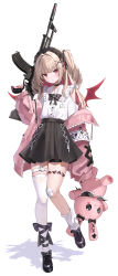 Rule 34 | 1girl, absurdres, black skirt, blonde hair, frills, gun, highres, holding, holding gun, holding stuffed toy, holding weapon, jacket, jirai kei, long hair, long sleeves, looking at viewer, makaino ririmu, nijisanji, open clothes, open jacket, pink jacket, red eyes, riko (rik0ring), simple background, single thighhigh, skirt, standing, stuffed toy, thighhighs, twintails, virtual youtuber, weapon, white background, white thighhighs