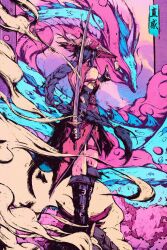 Rule 34 | akramness, architecture, bandaged arm, bandages, belt, boots, braid, braided ponytail, clothing request, dragon, east asian architecture, fog, hair flowing over, hat, highres, holding, holding sword, holding weapon, katana, kuji-in, multiple belts, on roof, original, ponytail, purple hair, roof shingles, scales, straw hat, sword, translation request, weapon, weapon behind back, wind