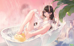 Rule 34 | &gt; &lt;, 1girl, artist name, atdan, azur lane, bare legs, barefoot, bathtub, bikini, bikini under clothes, black bikini, bottle, breasts, commentary, earrings, english commentary, feet, feet on toy, full body, hair tie in mouth, hands up, highres, horns, jewelry, leaf, long hair, long sleeves, looking at viewer, manjuu (azur lane), medium breasts, mouth hold, navel, noshiro (azur lane), noshiro (cozy enclave) (azur lane), off shoulder, official alternate costume, oni horns, partially submerged, purple eyes, see-through, shirt, shorts, soles, solo, string bikini, swimsuit, toes, water, wet, white shirt, white shorts