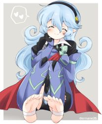 Rule 34 | 1girl, alternate color, armor, barefoot, black hairband, blue hair, cape, closed eyes, closed mouth, corrin (female) (fire emblem), corrin (fire emblem), eromame, fire emblem, fire emblem fates, full body, grey background, hairband, long hair, nintendo, pointy ears, simple background, sitting, smile, solo, twitter username