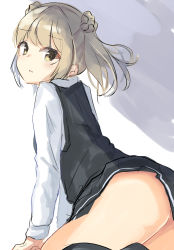 Rule 34 | 1girl, ass, black dress, black socks, blush, brown eyes, commentary request, double bun, dress, hair bun, highres, kantai collection, kneehighs, kugehi, light brown hair, long sleeves, looking at viewer, looking back, michishio (kancolle), michishio kai ni (kancolle), parted lips, pinafore dress, shirt, side bun, sketch, sleeveless, sleeveless dress, socks, solo, twintails, white shirt