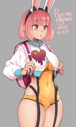 Rule 34 | 1girl, :o, agawa ryou, animal ears, artist name, backpack, bag, bob cut, breasts, cameltoe, candy, chocolate, chocolate heart, commentary, covered navel, cowboy shot, crop top, crop top overhang, dated, english commentary, fake animal ears, food, grey background, heart, holding strap, jacket, large breasts, long sleeves, numbered, open mouth, original, pink bag, pink eyes, pink hair, rabbit ears, short hair, simple background, solo, swept bangs, underboob, white jacket