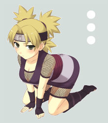 Rule 34 | 1girl, all fours, blonde hair, blush, breasts, cleavage, fishnets, green eyes, ichii (pixiv), naruto, naruto (series), quad tails, solo, temari (naruto)