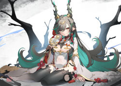 Rule 34 | 1girl, black hair, blue eyes, breasts, cleavage, cleavage cutout, clothing cutout, colored inner hair, dragon girl, dragon horns, granblue fantasy, green hair, highres, horns, large breasts, long hair, long sleeves, looking at viewer, multicolored hair, payila (granblue fantasy), pilokey, pointy ears, see-through, sitting, smile, solo