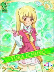 1girl akb0048 bag blonde_hair brown_eyes card_(medium) character_name closed_mouth cropped_jacket ebata_risa green_background hand_on_own_hip hand_up heart ichijou_yuuka jacket long_hair long_sleeves looking_at_viewer miniskirt necktie non-web_source official_art pink_jacket pink_skirt shoulder_bag skirt smile solo sparkle standing star_(symbol) very_long_hair yellow_necktie