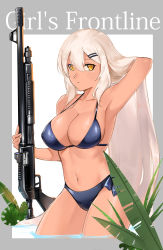Rule 34 | 1girl, absurdres, armpits, bikini, breasts, character name, commentary, cover, covered erect nipples, dark-skinned female, dark skin, girls&#039; frontline, gun, hand in own hair, highres, holding, holding gun, holding weapon, large breasts, long hair, looking at viewer, m590 (girls&#039; frontline), magazine cover, mossberg 590, navel, rox, shotgun, solo, swimsuit, very long hair, weapon, white hair, yellow eyes