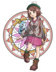 Rule 34 | 1girl, ankle boots, boots, brown eyes, brown footwear, brown hair, buttons, cardigan, collared dress, creatures (company), cross-laced footwear, dress, full body, game freak, gen 8 pokemon, gloria (pokemon), green headwear, green legwear, grey cardigan, hat, highres, lace-up boots, leg up, long sleeves, nintendo, nishikuromori, open mouth, pink dress, pokemon, pokemon (creature), pokemon on arm, pokemon swsh, short hair, simple background, sobble, socks, standing, standing on one leg, swept bangs, tam o&#039; shanter, white background