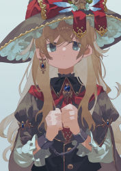 Rule 34 | 1girl, black hat, black shirt, blue background, blue eyes, bound, bound wrists, closed mouth, collared shirt, commentary request, cuffs, earrings, hands up, hat, highres, jewelry, juliet sleeves, light brown hair, long hair, long sleeves, looking at viewer, original, potg (piotegu), puffy sleeves, red ribbon, ribbon, shackles, shirt, simple background, solo, upper body, witch hat