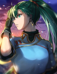 Rule 34 | 1girl, breasts, delsaber, dusk, earrings, fire emblem, fire emblem: the blazing blade, green eyes, green hair, highres, jewelry, large breasts, looking to the side, lyn (fire emblem), nintendo, ponytail, short sleeves, teeth