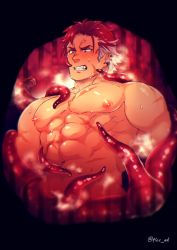 Rule 34 | 1boy, abs, bara, blush, completely nude, dark skin, dark-skinned male, flee ad, large pectorals, male focus, mature male, muscular, muscular male, navel, nipples, nude, original, pectorals, red hair, scar, scar on chest, short hair, sideburns, solo, stomach, sweat, tentacles, tentacles, tentacles on male, upper body, white hair