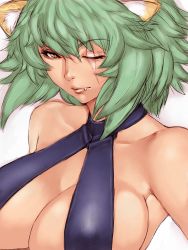 Rule 34 | 1girl, animal ears, bare shoulders, breasts, cleavage, collar, fang, fumio (rsqkr), green hair, large breasts, lips, original, scar, simple background, slingshot swimsuit, solo, swimsuit, upper body, yellow eyes