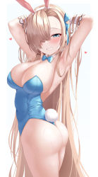 Rule 34 | 1girl, absurdres, animal ears, armpits, arms behind head, arms up, ass, asuna (blue archive), asuna (bunny) (blue archive), bare legs, blonde hair, blue archive, blue bow, blue bowtie, blue eyes, blue leotard, blue ribbon, bow, bowtie, breasts, cleavage, cowboy shot, detached collar, fake animal ears, fake tail, gloves, grin, hair over one eye, hair ribbon, haqu, heart, highres, large breasts, leotard, long hair, looking at viewer, mole, mole on breast, no legwear, playboy bunny, rabbit ears, rabbit tail, ribbon, sideboob, simple background, smile, solo, sweat, tail, thighs, traditional bowtie, twisted torso, very long hair, white background, white gloves