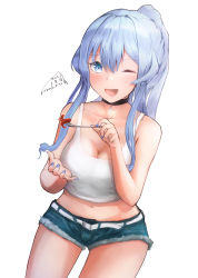Rule 34 | 1girl, :d, ;d, absurdres, alternate costume, bare shoulders, black choker, blue eyes, blue hair, blue nails, blue shorts, blush, breasts, choker, cleavage, collarbone, commentary request, cross, cutoff jeans, cutoffs, food, food art, fork, gotland (kancolle), hair between eyes, highres, holding, holding fork, kantai collection, large breasts, leaning forward, long hair, midriff, mmk, nail polish, navel, one eye closed, open mouth, ponytail, shirt, short shorts, shorts, sidelocks, signature, simple background, smile, solo, tako-san wiener, tank top, white background, white shirt