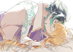 Rule 34 | 2boys, aether (genshin impact), ahoge, arm tattoo, arms around neck, back tattoo, bed sheet, black hair, blonde hair, blouse, commentary request, closed eyes, eyeshadow, genshin impact, green hair, green nails, hand on another&#039;s head, hand on another&#039;s neck, highres, hug, kiss, long hair, lying, lying on person, makeup, miyanagi (mi201), multicolored hair, multiple boys, nail polish, on back, on bed, purple shirt, red eyeshadow, shirt, short hair, short hair with long locks, short sleeves, simple background, sketch, tattoo, topless male, two-tone hair, white background, xiao (genshin impact), yaoi