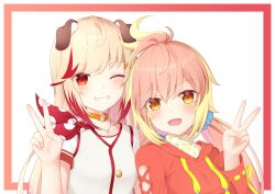 Rule 34 | 2girls, animal ears, blonde hair, blush, border, choker, commentary request, dog ears, dog girl, drawstring, gradient border, grin, hand up, highres, hira hikari, hood, hood down, hoodie, jewelry, long hair, long sleeves, looking at viewer, low twintails, multicolored hair, multiple girls, nanashi inc., necklace, o-ring, o-ring choker, one eye closed, open mouth, orange eyes, orange hoodie, outside border, pink hair, red border, red eyes, red hair, rin (0917608), seshima rui, shirt, short sleeves, sidelocks, simple background, smile, streaked hair, teeth, twintails, two-tone hair, upper body, v, virtual youtuber, white background, white shirt