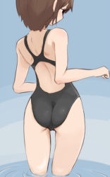 Rule 34 | 1girl, ass, back, brown hair, competition swimsuit, from behind, one-piece swimsuit, original, short hair, solo, swimsuit, tarayama, wading, water