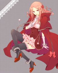 Rule 34 | 00s, 1girl, black thighhighs, bow, breasts, cape, charlotte (pandora hearts), cleavage, female focus, flower, full body, gloves, hair flower, hair ornament, high heels, large breasts, long hair, pandora hearts, pink hair, plant, red eyes, rose, sanae (mfn00), shoes, solo, thighhighs