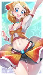 Rule 34 | 1girl, :d, arm up, beads, blonde hair, blue eyes, blush, border, breasts, clenched hand, commentary request, creatures (company), eyelashes, game freak, hair ornament, hairclip, happy, highres, looking at viewer, medium hair, midriff, navel, nintendo, open mouth, outside border, pokemon, pokemon (anime), pokemon journeys, pokemon swsh105, serena (pokemon), shiny skin, smile, solo, sparkle, star (symbol), swept bangs, teeth, tongue, upper teeth only, white border, yasu suupatenin