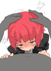 Rule 34 | 1boy, 1girl, blush, character request, cum, cum in mouth, fellatio, hands on another&#039;s head, hetero, highres, looking at viewer, oral, penis, pov, red eyes, red hair, short hair, simple background, tomatojam, white background
