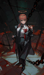 Rule 34 | 1girl, @ @, blood, blood on clothes, blood on face, blouse, brown hair, chain, chainsaw man, ciloranko, closed mouth, collared shirt, eyebrows, eyelashes, halo, highres, long hair, looking at viewer, makima (chainsaw man), necktie, pale skin, shirt, smile, spoilers, standing, umbrella, white shirt, yellow eyes