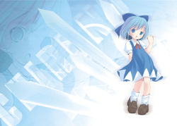 Rule 34 | 1girl, arm behind back, bad id, bad twitter id, blue background, blue bow, blue dress, blue eyes, blue hair, bow, brown footwear, character name, cirno, commentary request, dress, full body, gradient background, hair bow, hand up, highres, ice, loafers, looking at viewer, loose socks, pop (electromagneticwave), red neckwear, shirt, shoes, short hair, short sleeves, socks, solo, touhou, white shirt, white socks, zoom layer