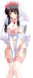 Rule 34 | 1girl, artist request, black hair, blush, breasts, bride, cleavage, elbow gloves, embarrassed, gloves, highres, large breasts, long hair, navel, pregnant, purple eyes, solo, standing, thighhighs, white gloves
