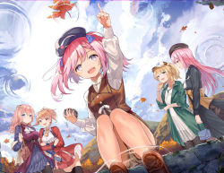 Rule 34 | 5girls, :d, achilles (azur lane), astoria (azur lane), autumn leaves, azur lane, bag, baseball cap, belt, belt buckle, beret, black belt, black dress, black headwear, black legwear, blue dress, blue sky, blush, bow, breasts, brown bow, brown eyes, brown hair, brown headwear, brown panties, brown shorts, brown vest, buckle, character request, cloud, cloudy sky, collared shirt, commentary request, day, dress, green jacket, hair between eyes, handbag, hat, high ponytail, holding, holding bag, jacket, leander (azur lane), long hair, long sleeves, medium breasts, mosta (lo1777789), mountain, multiple girls, one side up, open clothes, open jacket, open mouth, outdoors, outstretched arm, panties, pantyhose, pink hair, pleated dress, pocket watch, pointing, ponytail, purple dress, purple eyes, quincy (azur lane), red dress, reflection, ripples, saratoga (azur lane), shawl, shirt, short shorts, shorts, shoulder bag, sky, small breasts, smile, teeth, underwear, upper teeth only, upshorts, very long hair, vest, watch, water, white dress, white shirt