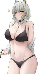 Rule 34 | 1girl, absurdres, animal ears, arknights, arm behind back, black bra, black collar, black panties, blush, bra, breasts, cat ears, cat girl, clenched teeth, clothes pull, collar, cowboy shot, detached collar, embarrassed, frown, green eyes, grey hair, groin, highres, hip focus, holding, jewelry, kal&#039;tsit (arknights), large breasts, material growth, medium hair, namikare, navel, necklace, no pants, open clothes, open shirt, oripathy lesion (arknights), panties, shirt, shirt pull, simple background, slit pupils, solo, teeth, underwear, undressing, white background, white shirt