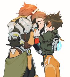 absurdres armor ass brigitte_(overwatch) brown_eyes brown_hair eye_contact gloves goggles hands_on_another&#039;s_cheeks hands_on_another&#039;s_face highres jacket korean_commentary looking_at_another maro_(lij512) open_hands open_mouth overwatch overwatch_2 ponytail power_armor short_hair simple_background smile standing tracer_(overwatch) white_background