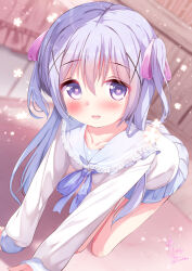 Rule 34 | 1girl, :d, all fours, blue eyes, blue hair, blue sailor collar, blue skirt, blurry, blurry background, blush, bow, chinomaron, commentary request, depth of field, dutch angle, gochuumon wa usagi desu ka?, hair between eyes, hair bow, hair ornament, heart, heart-shaped pupils, highres, indoors, kafuu chino, long hair, long sleeves, looking at viewer, open mouth, pink bow, pleated skirt, sailor collar, school uniform, serafuku, shirt, signature, skirt, sleeves past wrists, smile, solo, symbol-shaped pupils, twitter username, two side up, very long hair, white shirt, x hair ornament