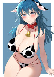 Rule 34 | 1girl, absurdres, animal ears, animal print, bare shoulders, bikini, blue eyes, blue hair, blush, breasts, byleth (female) (fire emblem), byleth (fire emblem), cleavage, closed mouth, cow print, cow print bikini, cowbell, fake animal ears, female focus, hair between eyes, highres, huge breasts, long hair, looking at viewer, matching hair/eyes, print bikini, smile, solo, sweatdrop, swimsuit, tara (szzj7733), thick thighs, thighs