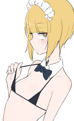 Rule 34 | 1girl, adjusting clothes, adjusting swimsuit, ame (amechan17391739), bikini, black bikini, black bow, black bowtie, blonde hair, blunt bangs, blush, bob cut, bow, bowtie, closed mouth, collar, commentary, cutlass (girls und panzer), detached collar, flat chest, girls und panzer, half-closed eyes, highres, light frown, looking at viewer, maid headdress, micro bikini, short hair, simple background, solo, swimsuit, white background, white collar, wing collar, yellow eyes