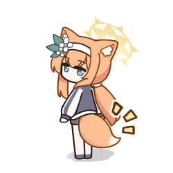 Rule 34 | 1girl, animal ear fluff, animal ears, apricotlemontea, blue archive, blue eyes, braid, chibi, emphasis lines, flower, fox ears, fox tail, full body, gym shirt, gym shorts, gym uniform, hair flower, hair ornament, hairband, halo, headband, jacket, long hair, looking at viewer, looking back, mari (blue archive), mari (track) (blue archive), multicolored clothes, multicolored jacket, no mouth, official alternate costume, orange hair, shirt, shorts, sidelocks, simple background, single braid, solo, standing, tail, track jacket, two-tone jacket, white background, white flower, white hairband, white headband, yellow halo