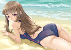 Rule 34 | 1girl, ass, beach, brown hair, closed mouth, commentary request, competition swimsuit, day, idolmaster, idolmaster cinderella girls, kamiya nao, long hair, looking at viewer, looking back, lying, miri (ago550421), on ground, on stomach, one-piece swimsuit, outdoors, red eyes, sand, solo, swimsuit, thick eyebrows, very long hair, water, wet