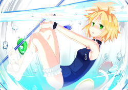 Rule 34 | 1girl, :o, ahoge, animal ears, blonde hair, bridal garter, bubble, cat ears, collar, condensation, drinking straw, glass, green eyes, looking at viewer, one-piece swimsuit, original, school swimsuit, socks, solo, swimsuit, tachibana (pixiv), tachibana (tach011194), underwater, white socks, wristband