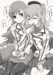 Rule 34 | 2girls, alternate costume, bad id, bad pixiv id, beret, blush, boutora (barusudemegaitai), cake, commentary request, cosplay, couch, feeding, food, fork, greyscale, hat, holding, holding fork, kantai collection, kashima (kancolle), katori (kancolle) (cosplay), katori (kancolle), long hair, long sleeves, miniskirt, monochrome, multiple girls, ooi (kancolle), open mouth, pantyhose, pencil skirt, plate, sitting, skirt, spot color, sweat, translation request, yuri