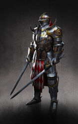 Rule 34 | 1other, ambiguous gender, ameen naksewee, armor, commentary, dual wielding, english commentary, full armor, gauntlets, greaves, helmet, highres, holding, holding sword, holding weapon, knight, original, pauldrons, pouch, shoulder armor, sword, waist cape, weapon