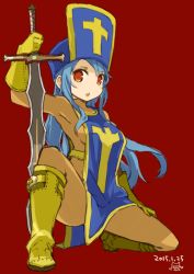 Rule 34 | 1boy, 1girl, 2015, :o, blue hair, bodystocking, bodysuit, boots, dated, dragon quest, gloves, hat, holding, holding sword, holding weapon, knee boots, long hair, looking at viewer, mota, orange eyes, priest (dq3), red background, simple background, solo, squatting, sword, tabard, weapon, yellow footwear