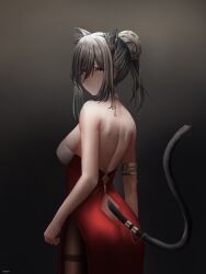 Rule 34 | 1girl, absurdres, animal ears, arknights, artist name, back, bare back, bare shoulders, black background, black pantyhose, breasts, brown pantyhose, china dress, chinese clothes, closed mouth, cozie178, dress, earrings, feet out of frame, grey hair, hair ornament, highres, jewelry, lion ears, lion tail, long hair, looking at viewer, medium breasts, pantyhose, red dress, schwarz (arknights), shading eyes, sideboob, sidelocks, simple background, solo, standing, strapless, strapless dress, tail, yellow eyes